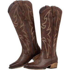 Women's Western Brown Knee High Embroidered Square Toe Cowboy Boots Side Zipper